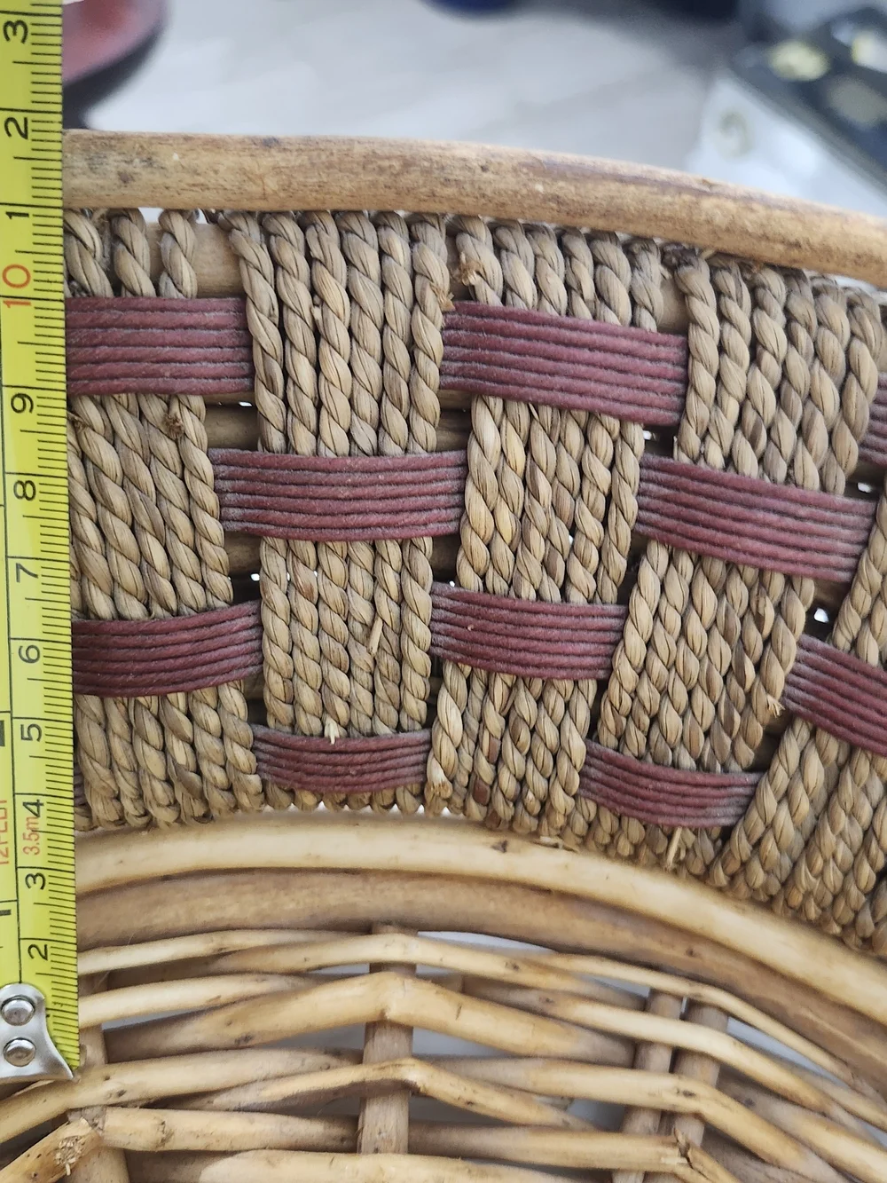 Handwoven Rattan Serving Basket with Metal Handles - Brown & Maroon Accent